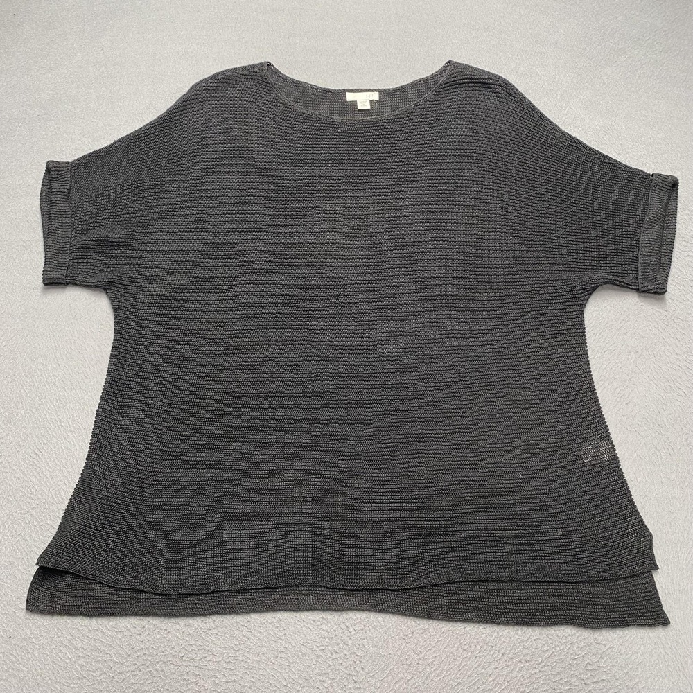 J Jill Sweater Womens Medium Petite Gray Linen‎ Blend Open Knit Dolman Top Sheer